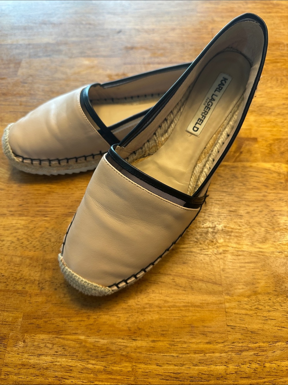 Karl Lagerfeld Cream Leather Espadrille Flats with Black Trim